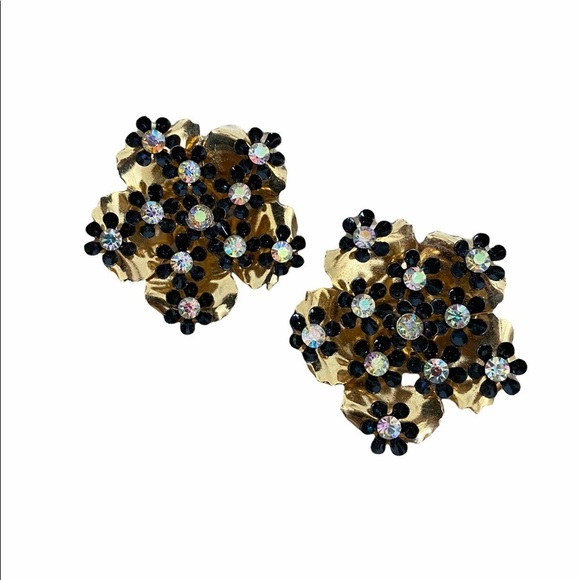 Coro- Vintage Signed Black Floral Clip On Earrings - Picture 1 of 8